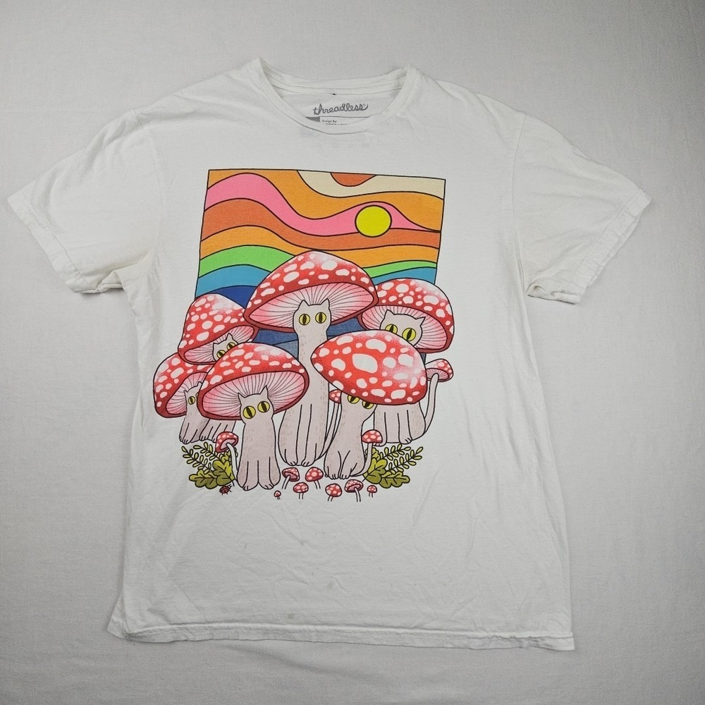 Threadless Meowshroom T-Shirt Graphic Size Medium White-Colorful- 100% Cotton